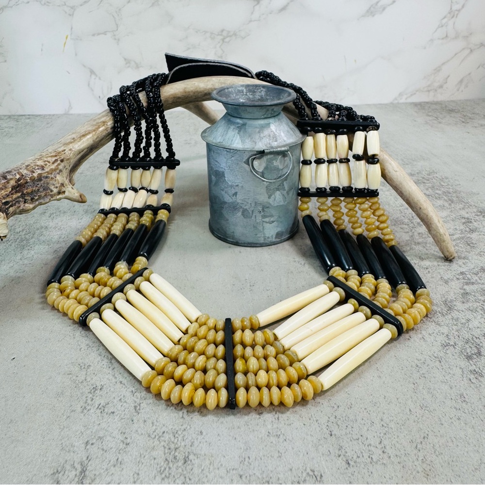 Vintage Artisan Handmade Bone, Glass and Horn Tribal Necklace 18-20 in. - Picture 9 of 15